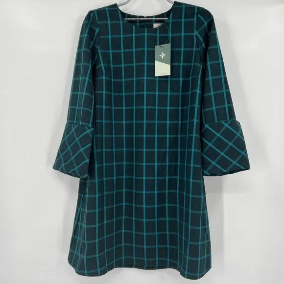 Tuckernuck Aegean Teal Chambers Swing Mini Dress Exaggerated Cuff Mod 60s sz S - Picture 2 of 9